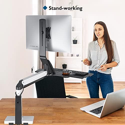 Bontec Single Monitor Sit-Stand Workstation биро со решетката за прекин на тастатурата, конвертор на стоење прилагодлив за висина, порта