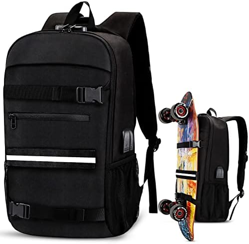 Ранец на скејтборд Simbok, лаптоп ранец Rucksack w/USB порта за полнење, заклучување против кражба, отпорен на вода, се вклопува до