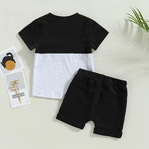 Доенчиња за момчиња за новороденчиња летни облеки со цврста боја со кратки ракави со кратки ракави и шорцеви за влечење поставени 2 парчиња