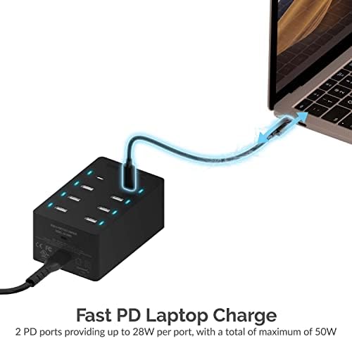 SABRENT 100 Вати 8-Порт USB Брз Полнач [UL Сертифициран ] - Вклучува 2 PD + [6-Пакет] Премиум 6FT USB-C ДО USB 2.0 Синхронизација И