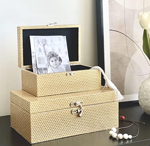 РЕЖИМ ДОМА Злато Сјај Кожа Декоративни Кутии За Складирање Моден Накит Дрвени Кутии Водоотпорен Сет од 2