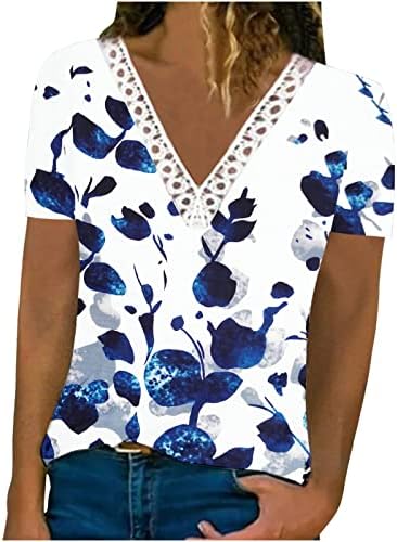 Женска чипка трим длабока V врат Туника врвови летни обични кратки ракави цветни принтри за бленд блузи