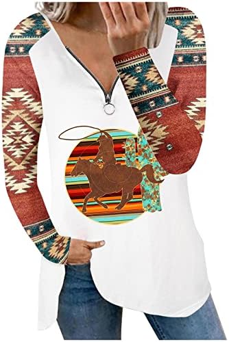 Плус големина патент кошули женски долги ракави пулвер гроздобер печатен лабав пуловер западен ацтек етнички графички врв