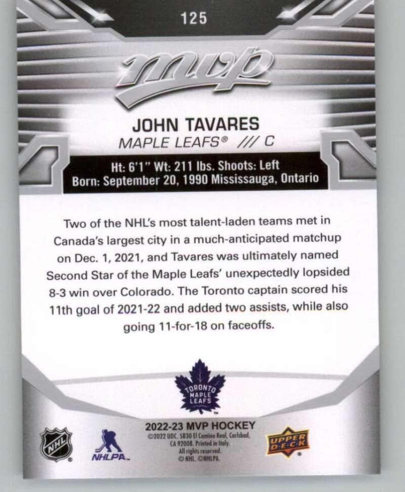2022-23 Горна палуба МВП Сребрена скрипта 125 Johnон Таварес Торонто јавор лисја NHL картичка за трговија со хокеј