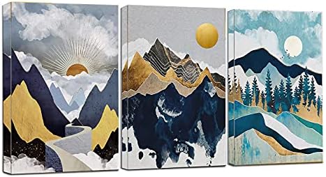 Апстрактна геометриска планинска шума акварела wallидна уметност зајдисонце изгрејсонце, природна глетка современо сликарство