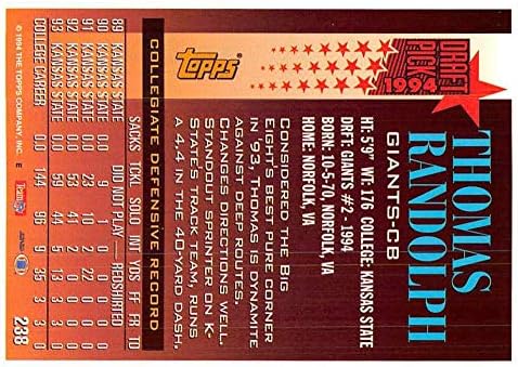 1994 година Фудбалска картичка Топс 238 Томас Рандолф РЦ Дебитант картичка Newујорк гиганти Официјална картичка за трговија со НФЛ