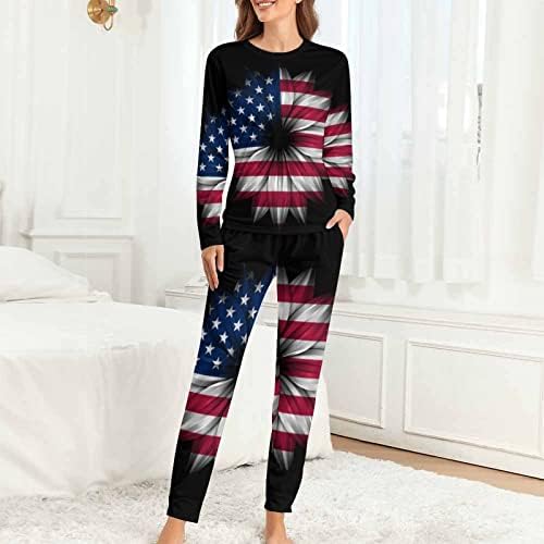 Знаме На САД Сончоглед Женска Пижама Комплет Костум За Спиење Со Долги Ракави Пјс Салон Со Џеб