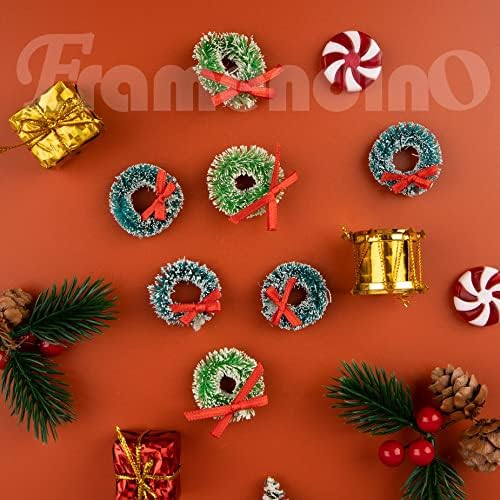 Framendino, 24 пакувани мини Божиќни венци со лакови Вештачка минијатурна декорација на новогодишна елка