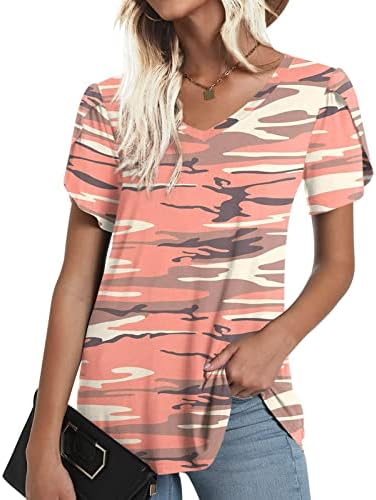 Лето есен лабава вклопена опуштена фитла маица за блузи за девојки кратки ракави длабоки v вратот памук графички салон топ 7Д 7Д