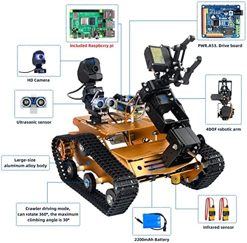 Xiaor Geek Raspberry Pi Smart WiFi Robot Car комплет, со комплет за шасии за роботски резервоар за роботска камера 4DOF, играчка со далечински