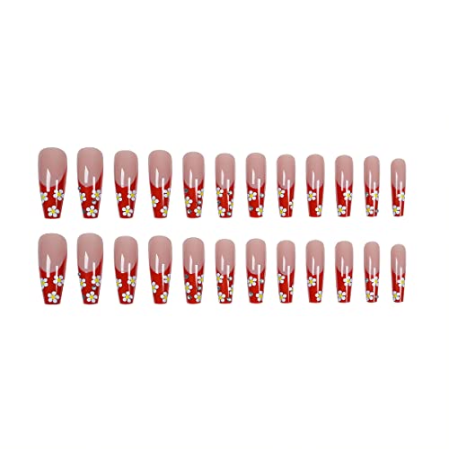 Квадратни долги лажни нокти црвен печат на нокти голи со лепак за цвеќиња и ринестони на ноктите дополнително долг акрилен вештачки
