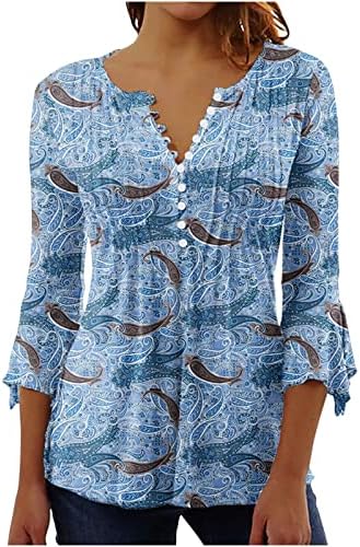 3/4 ракави врвови за туники за жени со цветно печатење копче V вратот Обични кошули со блуза, плетени предни лабави вклопувани маички пуловер