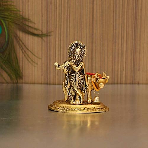 Колекционерска Индија Господ крава Кришна идол статуа Мурти Кришан со Камдену Хинду -бог религиозен шоу