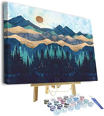 Tumovo Adult Paint By Buter Blue на платно со рамка, планинска боја по броеви за возрасни врамени шумски зајдисонце DIY акрилни комплети