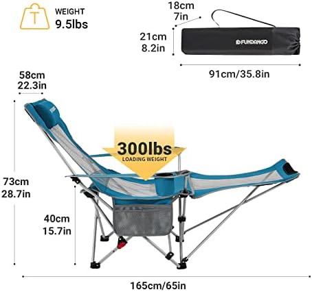 Fundango лежи за кампување стол со одмор на нозе, преносни мрежни преклопни столици, прилагодливо столче за тревници со глава, држач за чаши,