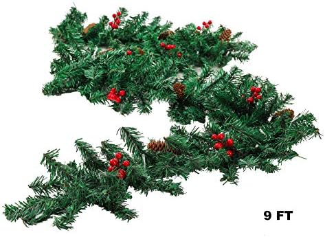 Инхом Претходно осветлена Божиќна Венец од 9 стапки Со Црвени Бобинки И Борови Шишарки, 50 ВОДООТПОРНИ ЛЕД Светла