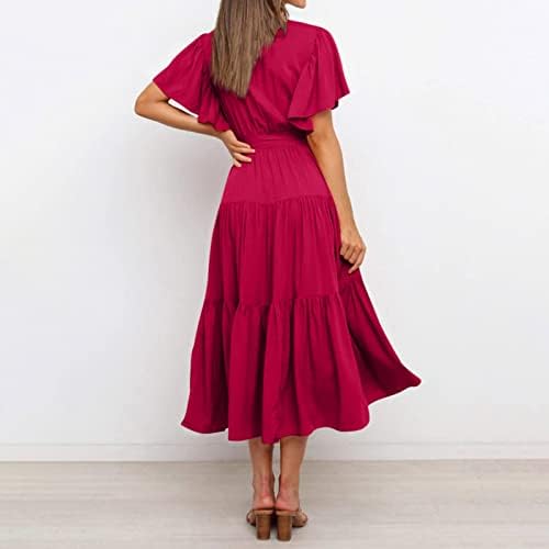 Longенски долги фустани летни обични V-вратот цврста боја кратка ракав вратот на вратот, бохо фустанот