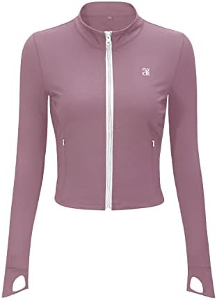 Truity Women's Croopted Running Jacket Lightweight Slim Fit Full Zip Up Althletic јакна Дупки со џебови со џебови