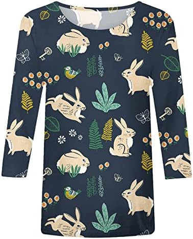 Велигденски кошули за жени слатки печатени блузи врвови 2023 модни 3/4 ракави графички мачки на екипажот