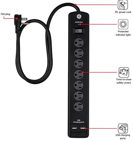 GE PRO 7-OUTLET Surge Protector, 2 USB порти, кабел за напојување од 3 стапки, 1300 ouулес, 33664 & GE 6-Outlet Surge Protector, безбедносни