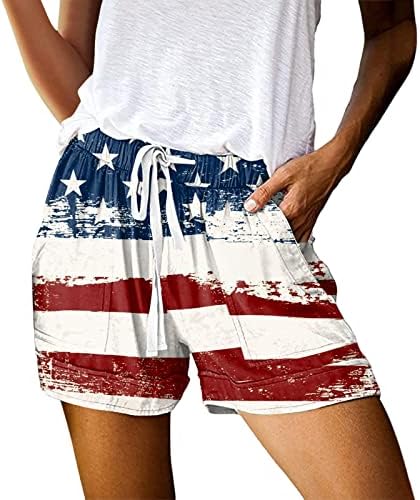 Sportsенски спортски шорцеви со високи половини со џебови Брзо суви САД знаме печати жени од плажа шорцеви со средно влечење на половината