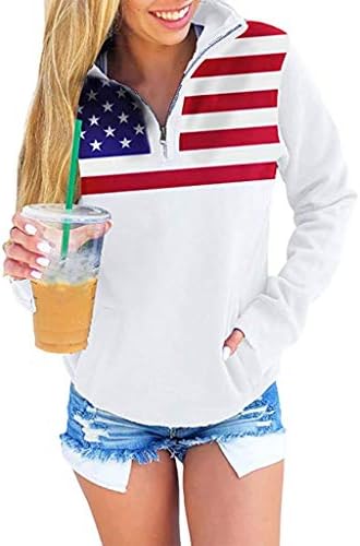 IQKA Women's Women's USA Sweatshirt 1/4 Zipper O-Neck Pullover Tops Star Print Birty Burtive Letter Fall Bluze