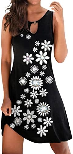 Snksdgm женски лето кратко мини фустан со цвеќиња без ракави за печатење на резервоарот за ракавици, случајна лабава лабава маичка фустан