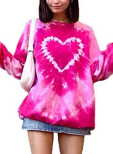 Womenените симпатични графички џемпери со долги ракави со преголема вратоврска боја шема на срцева маичка