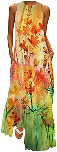Zdferенски женски макси фустан без ракави V-врат со долги фустани летни печатени фустани случајни летни плажа забава бохо сандерс