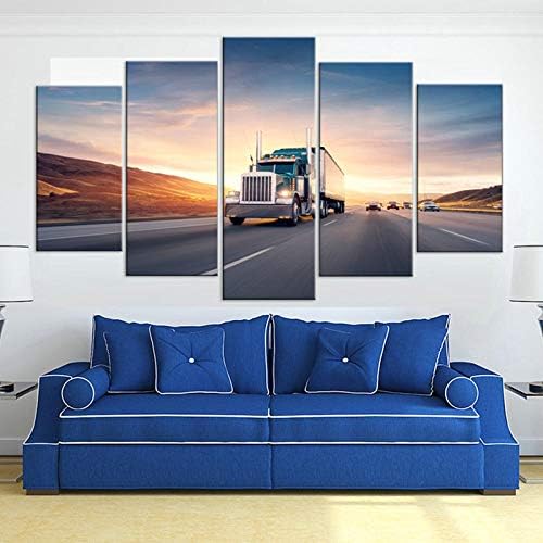 Haoshunda Semi Truck Big Rig на автопатот постер дневна соба декор 5 панел платно печатење wallидна галерија завиткана （Рамка）