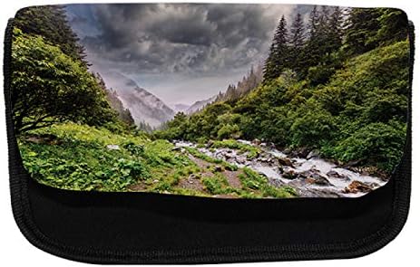 Зачудувачки случај со моливи за пејзаж, фотографија од планина река, торба со молив со ткаенини со двоен патент, 8,5 x 5,5, зелено кафеава мултикорорна