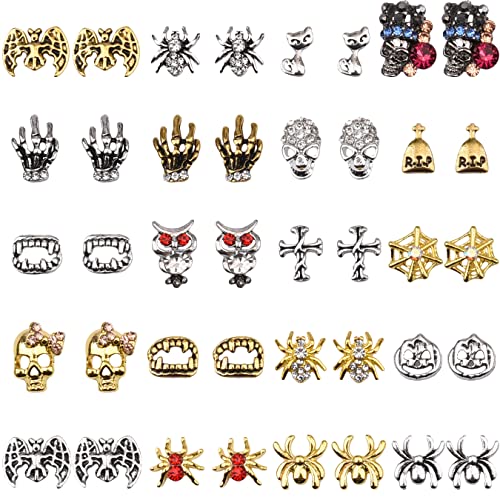 Teekme 40pcs различни 20 стил златни гроздобер шарми на ноктите вкрстени тиквики накит пајак 3Д череп легура накит за Ноќта на вештерките за украсување