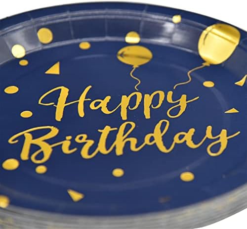 Послужете 25 гости 200 парчиња за еднократна употреба сина и злато среќен роденденски плочи и салфетки за забави за забави за сини роденденски
