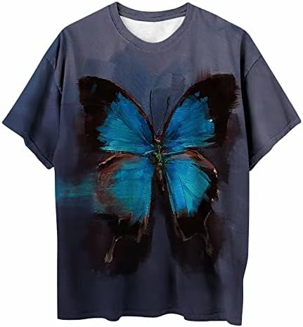 Маици за жени обични врвови со кратки ракави на гроздобер пеперутка печатена маичка околу вратот лабава блуза тинејџерки лето
