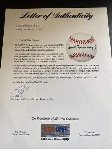 Прекрасен сингл на Хенк Гринберг потпишан официјална американска лига Бејзбол ПСА ДНК - автограмирани бејзбол