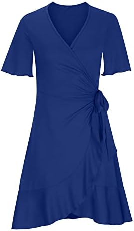 Lmdudan 2023 летен фустан за женски обичен завиткувач против вратот кратки ракави забава со висок половината замав за замав полите
