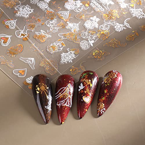 Loveубовни налепници за уметност на срцев нокти холографски 3Д самолепливи налепници за нокти злато и бело нокти дизајн цвеќиња розови