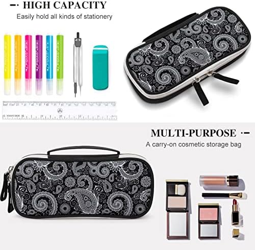 Црно -бела шема на Paisley Pattern со висок капацитет Пенка за молив, преносен носат торбичка за шминка, торбичка за складирање со патент за