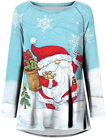 Christmasенски Божиќни туники врвови со долги ракави со тркалезен врат маици обични лабави вклопени санта снежен човек печатена маица