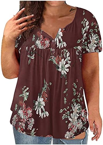 Lcepcy Women's Slus Plus Size V-врат врвови за цветно копче за печатење лето кратко ракав, случајна лабава удобна маица блуза
