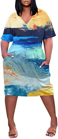Плус големина маичка фустан за жени преголеми v вратот краток ракав фустан со туника со џебови, бујни летни фустани миди фустан