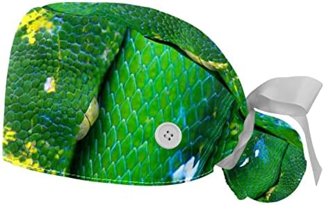 Медицински капачиња Ratgdn за жени со копчиња долга коса, 2 парчиња прилагодливо работно капаче, рептил змија зелено дрво питон