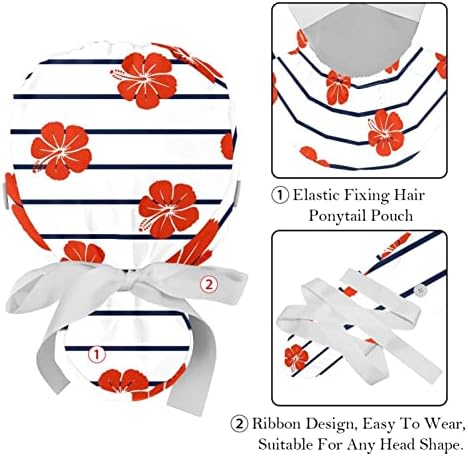 2 парчиња прилагодливо работно капаче со копчиња и вратоврска за ленти за жени долга коса, црвен хибискус цвет морски ленти