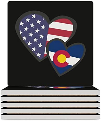 Испреплетени Срца Американски Подлоги За Знаме Во Колорадо За Пијалоци Квадратна Керамичка Чаша Мат СО Основа ОД Плута 6 ПАРЧИЊА