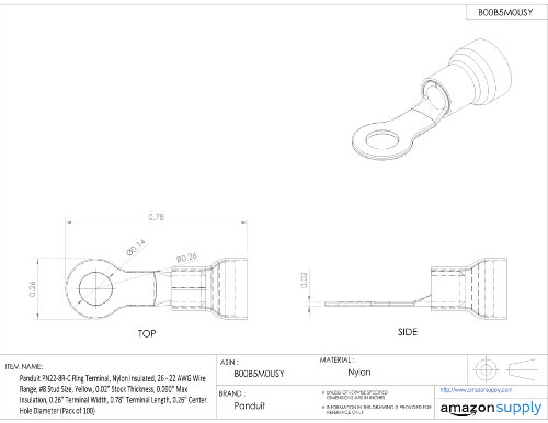 Терминал на прстенот PN22-8R-C, најлонски изолиран, 26-22 опсег на жица AWG, големина 8 Студија со големина, 0,17 Централна дупка со дијаметар