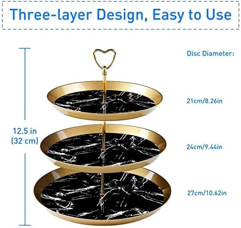 Пластична лента за торта со полици за приказ, 3 нивоа за сервис за сервирање на табела за храна, мермерна текстура, црна држач за