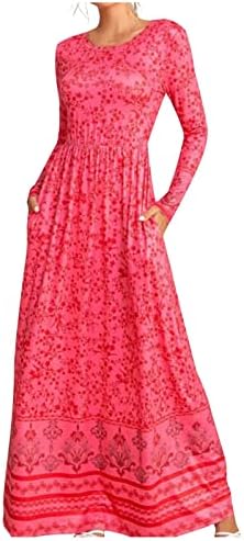ADHOWBEW Бохо Фустан За Жени Секојдневен Цветен Принт Макси Фустан Со Долги Ракави Мода Чаден О Врат Плус Големина Фустан