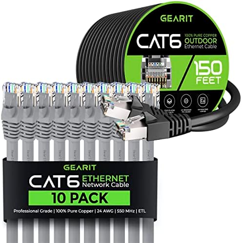 GearIT 10Pack 7ft Cat6 Етернет Кабел &засилувач; 150ft Cat6 Кабел