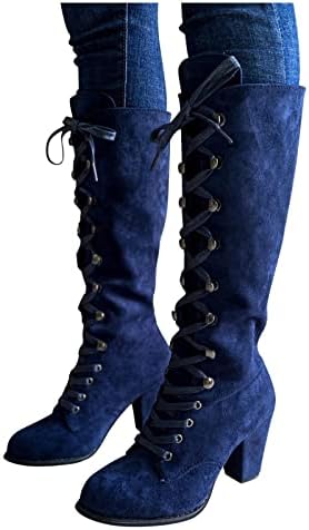 Женски колено високи чизми ретро велур тексас необични чевли Чунки борбен багажник со ниски потпетици плус големина чипка на тела за