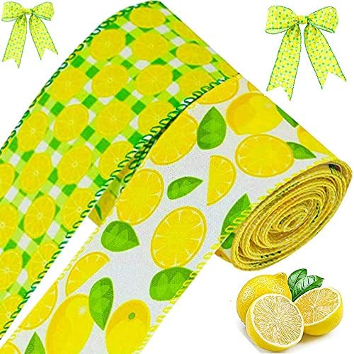 Лимон лента жичен 2,5 ”-Силен и зелен гингам жичен лимон вар лента за венци, 2 ролни летна тема лимон овошје вар лента за занаетчиски подароци